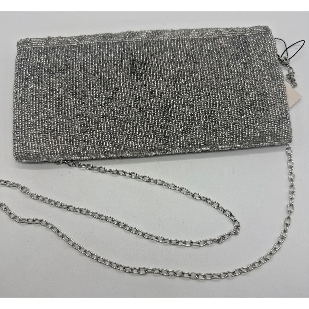 Rachel Zoe Clutch Bag Womens Small Silver Beaded Cocktail‎ Glasses Chain Strap